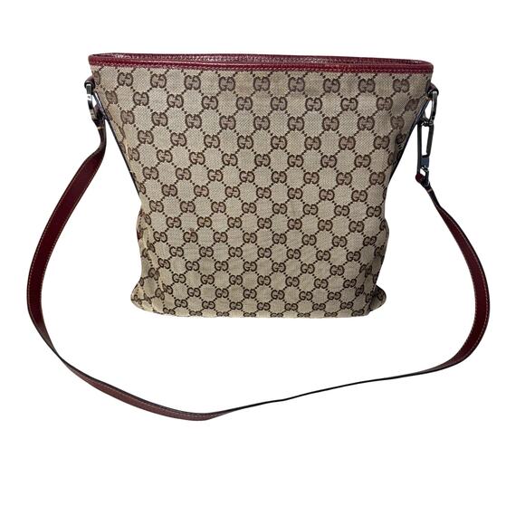 Authentic Gucci GG Canvas Shoulder Bag Brown Monogram with Burgundy Leather Trim - Picture 1 of 13